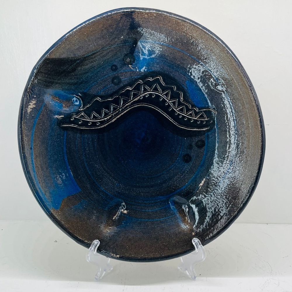 Handmade Blue Glazed Art Pottery Dish | 10"‎ Wavy Edge | Altar Offering Bowl